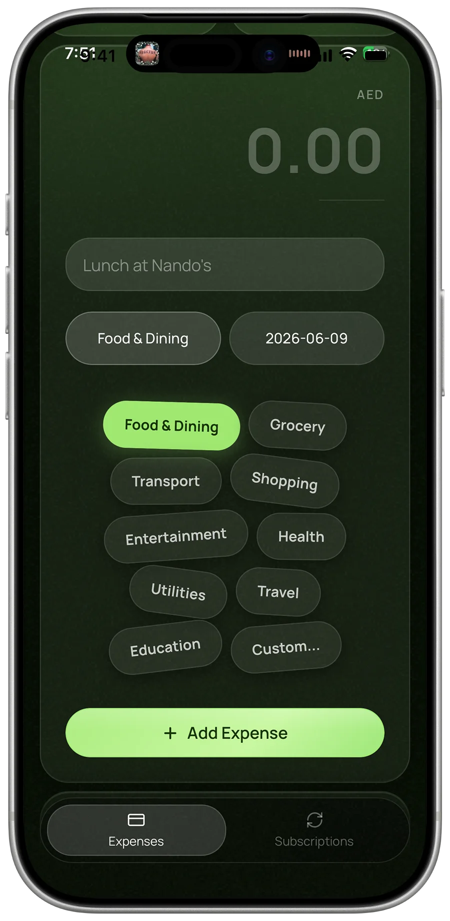 Adding an expense in Minti: amount, note, category chips and date