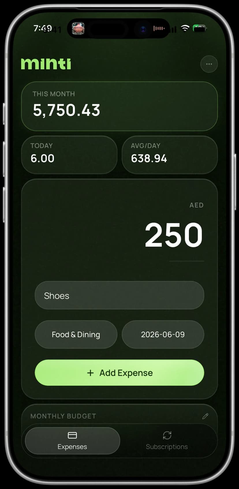 Minti expenses screen