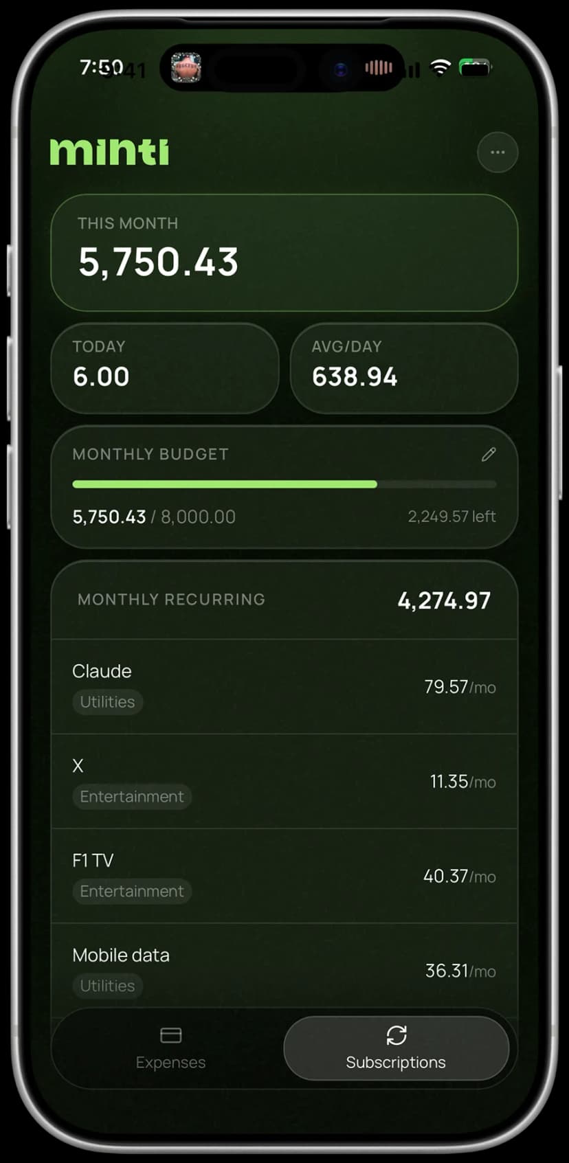Minti subscriptions screen