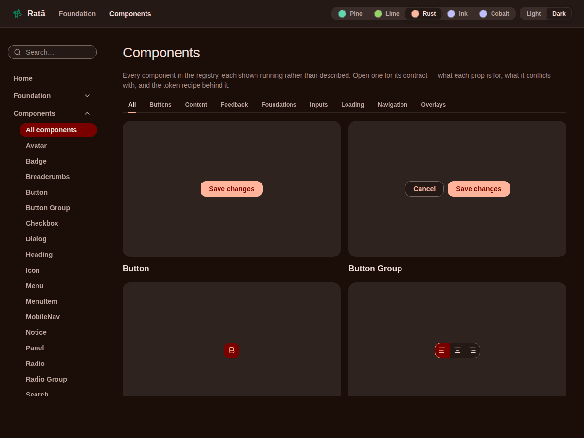 The same component gallery in a rust brand, dark scheme