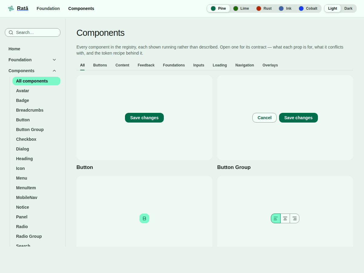 The component gallery in a green brand, light scheme