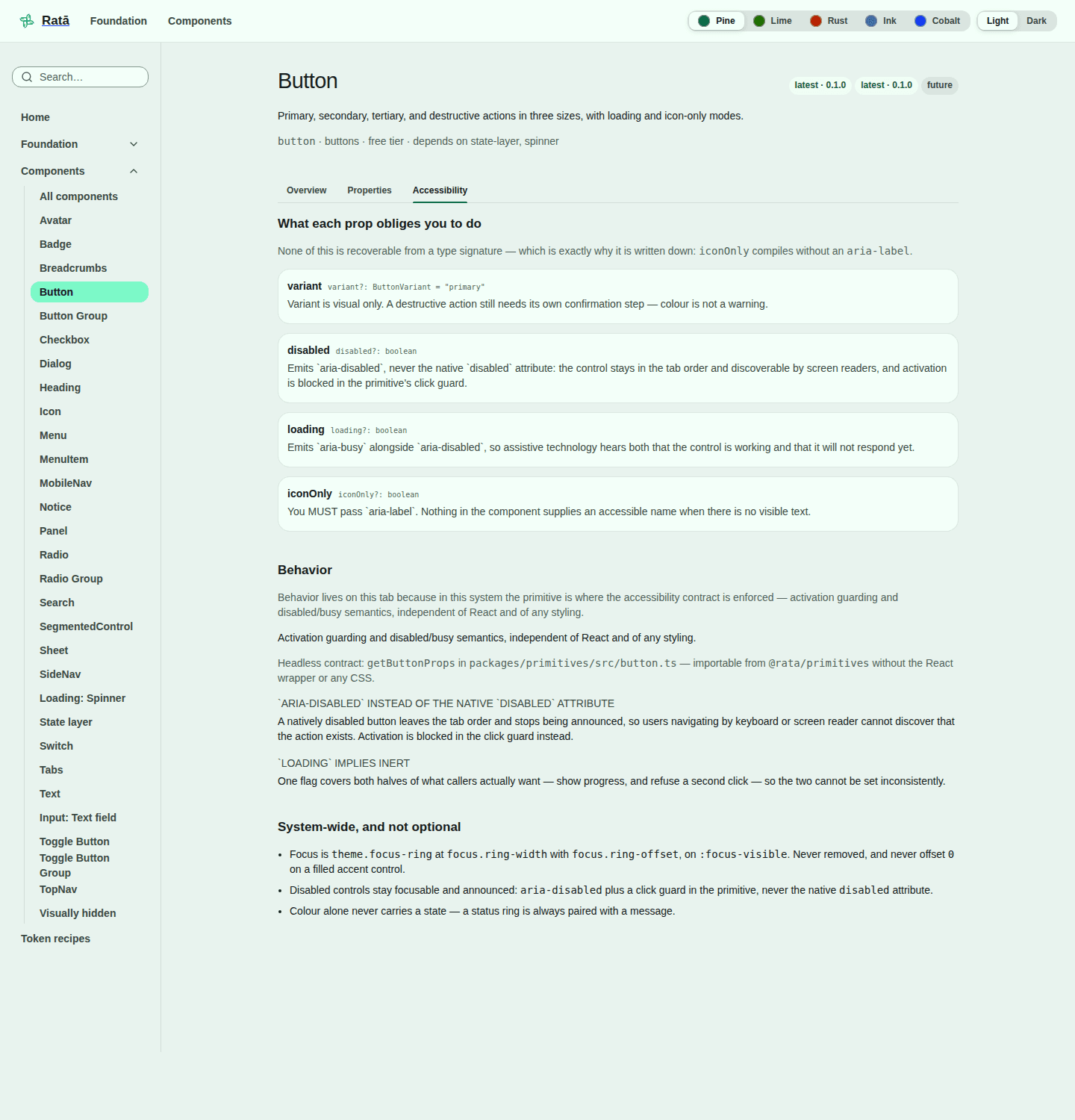 A component page showing what each prop obliges the user to do, and the behaviour decisions behind it