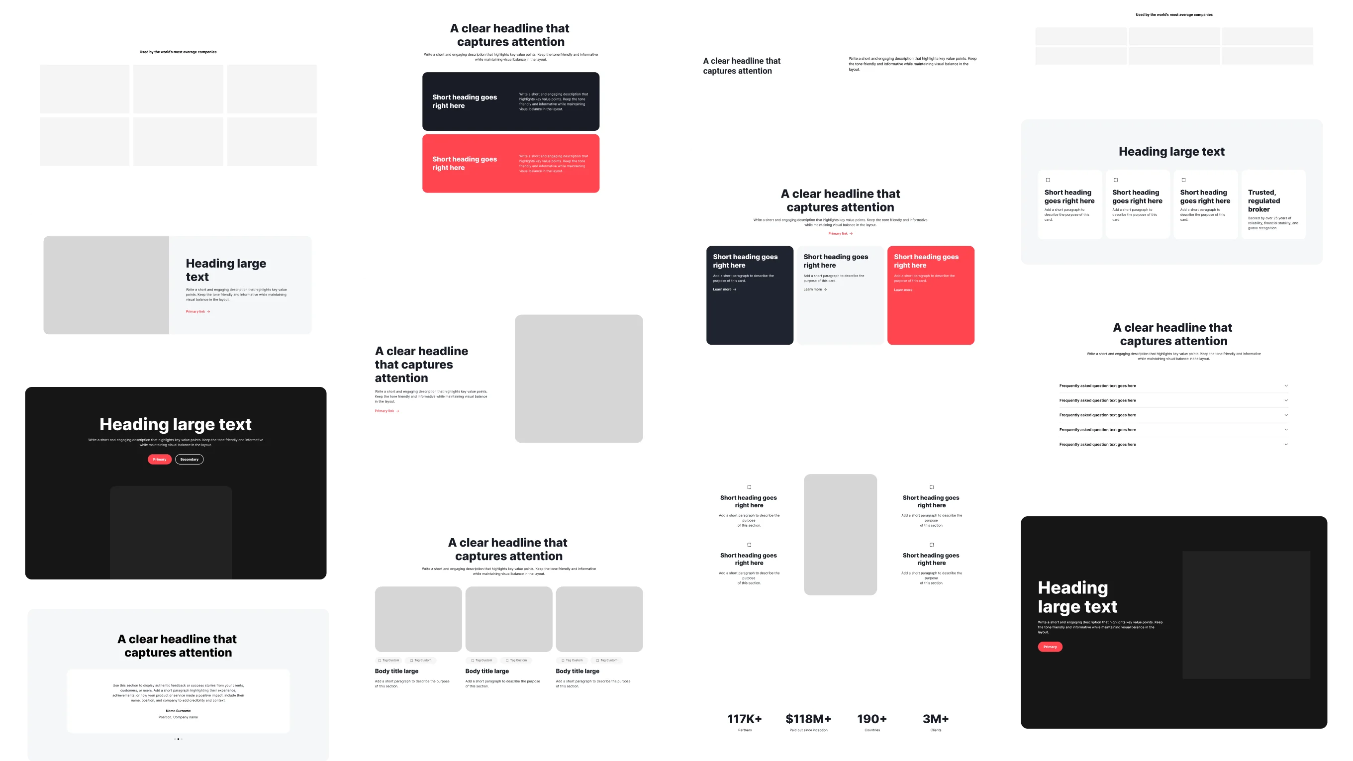 Modular component library — hero, cards, FAQs, stats, testimonials, CTA blocks